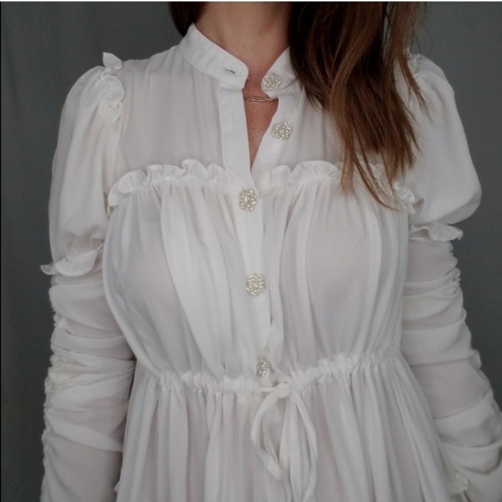Ina White Babydoll Long Sleeve Dress With Pearl and Rhinestone Buttons Medium - Picture 3 of 8
